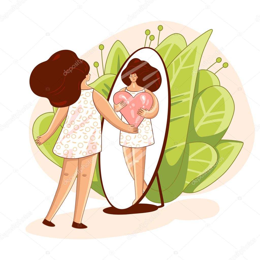 Vector Love yourself and take care of yourself concept. Girl, looking in mirror and hugging big love heart. Girl Healthcare Skincare illustration about Take time for your self