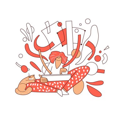 Çevrimiçi eğitim, tablet vektör soyut grafik konsepti üzerinde öğrenme. Evde oturup kedisiyle birlikte eğitici videolar izleyen bir kız. Çevrimiçi üniversite, okul kursu illüstrasyonu