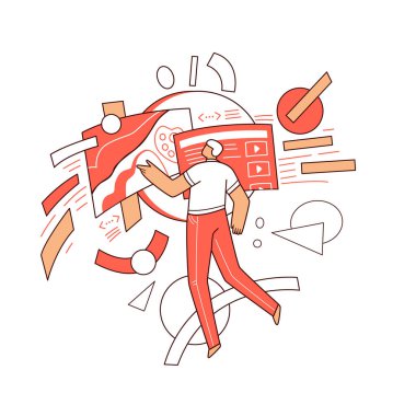 Çevrimiçi eğitim vektörü düz konsept - Soyut eğitim unsurları, web uygulaması, bilgisayar, bilim ve sanat alanlarında uçan erkek karakter. Uzaklık öğrenme illüstrasyonu