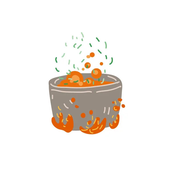 Vector cartoon illustration of saucepan on gas fire with soup, vegetables and spices inside, isolated on white background. Cook in pot vector icon — Stock Vector