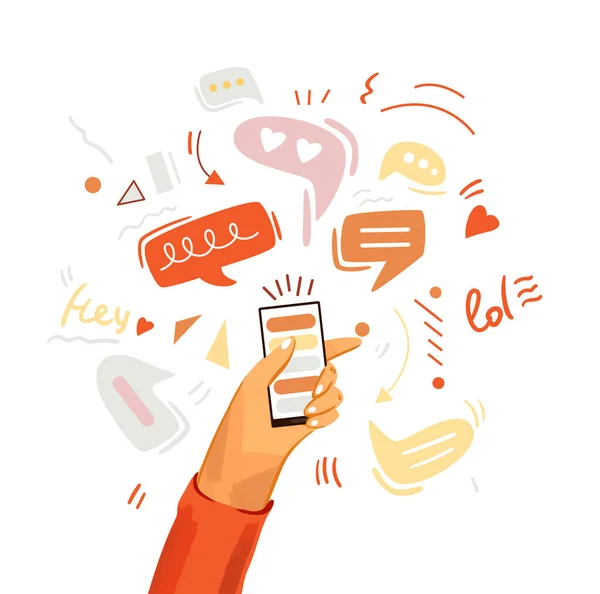 Mano con telefono vettoriale illustrazione cartone animato. Smartphone con messenger, chat online, like e social engagement, isolato su sfondo bianco — Vettoriale Stock