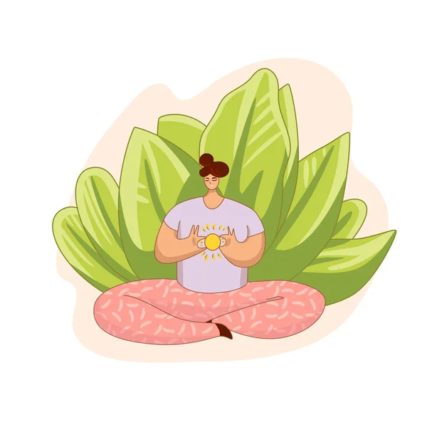 Desenho animado vetorial ilustração plana com meditando menina segurando sol em seu coração. Humor positivo, meditação, libertação de stress em casa. Meditação —  Vetores de Stock