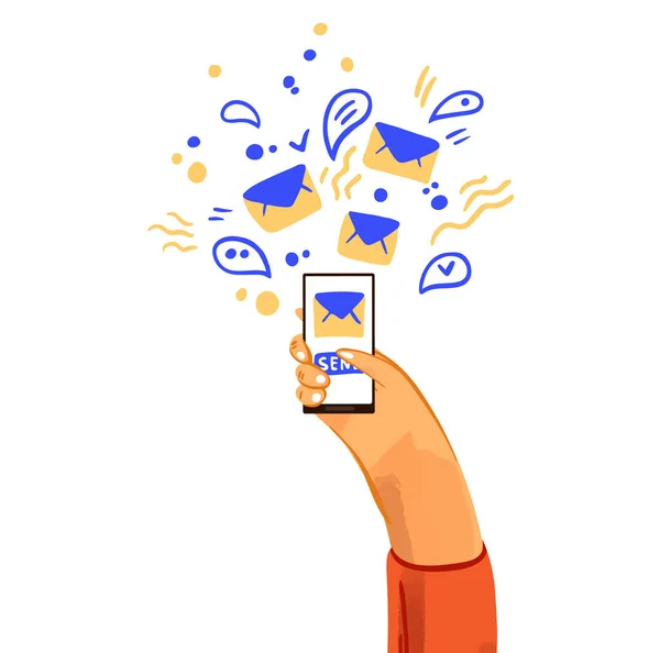 Hand met telefoon vector cartoon illustratie. Smartphone met boodschapper, online chat, e-mail, brieven, berichtenborden, pictogrammen en sociale betrokkenheid. Gelukkige vriendelijke communicatie — Stockvector