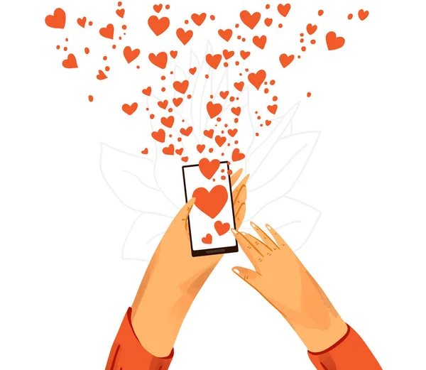 Hand with phone vector cartoon illustration. Smartphone with messenger, online chat, like, message signs, icons and social engagement. Happy friendly and romantic communication — Stock Vector