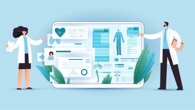 Tıbbi tüm vücut tarama sonuçları tablet üzerinde, profesyonel doktorların açıkladığı sağlık cihazında. Dijital tablet ve vektör konsepti üzerinde tıbbi uygulamalar kullanan hasta için profesyonel tıbbi test
