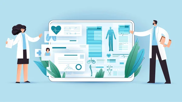 Medical full body screening results on tablet, healthcare device with professional doctors explaining it. Professional medical test for patient using medical apps on a digital tablet, vector concept — Stock Vector