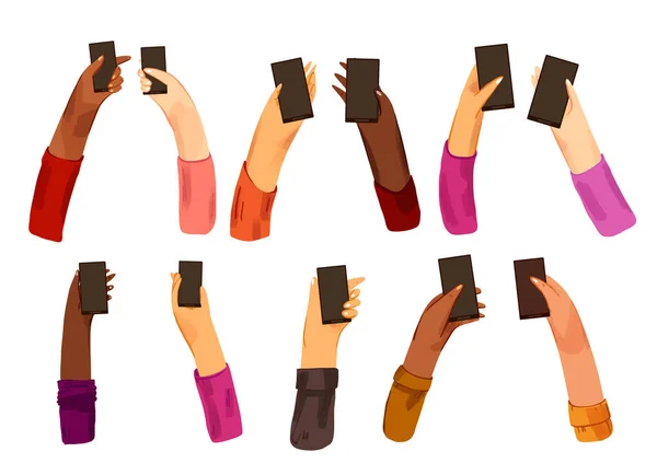 Tangan manusia, telapak tangan pria dan wanita memegang telepon hitam dengan layar hitam vektor datar koleksi dengan tekstur cahaya. Set dari telapak tangan laki-laki dan perempuan yang berbeda dengan posisi telepon terisolasi pada putih - Stok Vektor