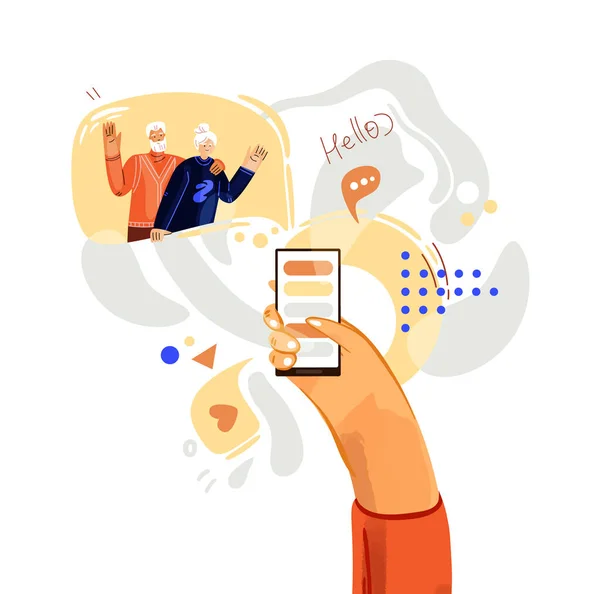 Hand met telefoon vector illustratie, concept over online videogesprek met vrienden en ouders, grootouders. Familie online ontmoeting met smartphone, familie communicatie — Stockvector