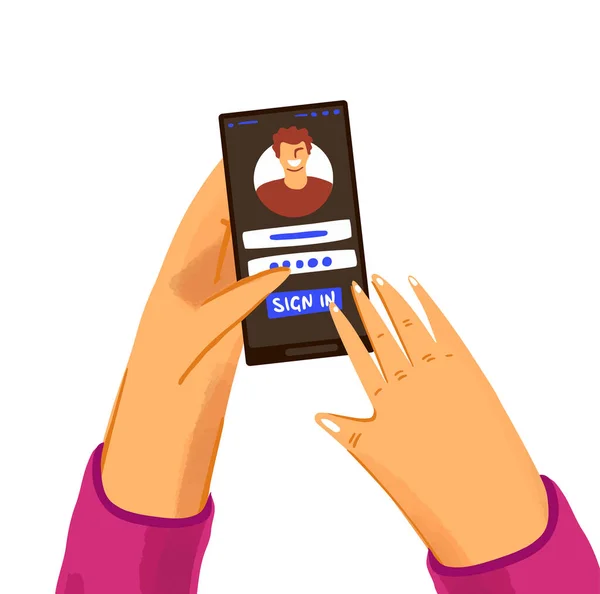 Hand met telefoon vector concept met gebruiker, inloggen site of toepassing. Login scherm op een smartphone met man of vrouw handen, geïsoleerd op wit — Stockvector