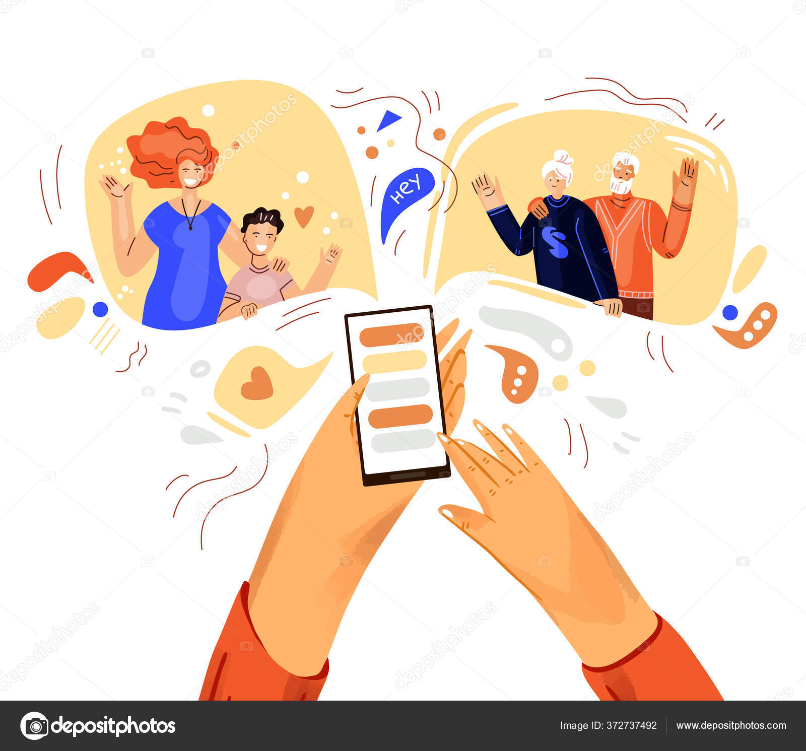 Video Call Between Friends, Chatting Online By Mobile App. Stay At Home,  Work, Communication Remotely. Hand Holding Smartphone. Group Of People On  Device Screen. Internet Messenger Vector Illustration Royalty Free SVG,  Cliparts