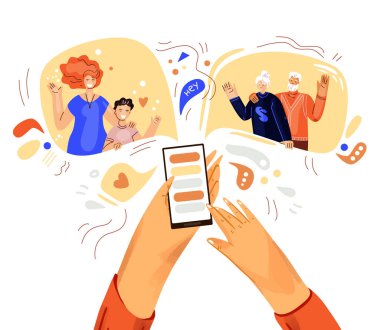 Telefon vektör illüstrasyonuyla el ele, arkadaşlarla, ailelerle ve büyükbabalarla çevrimiçi video görüşmesi konsepti. Akıllı telefonlu aile toplantısı, aile iletişimi