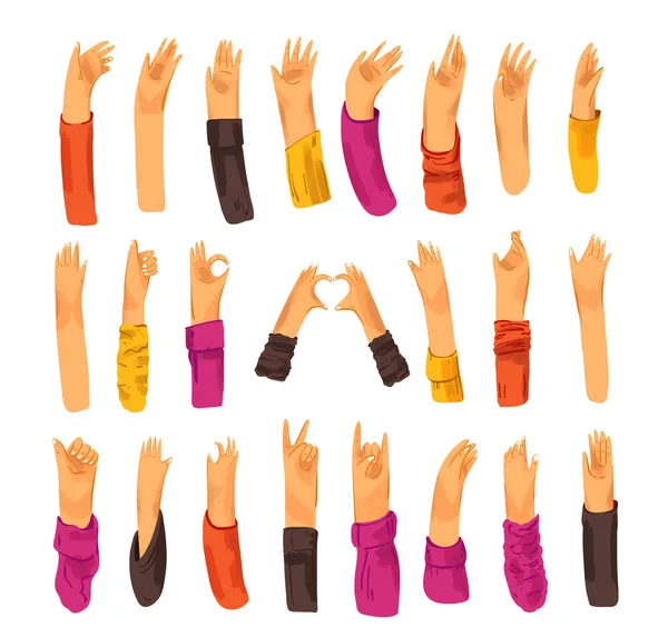 Mänsklig hand med samling av tecken och handgester - ok, kärlek, hälsningar, fred, viftande händer. Man och kvinna handflata set — Stock vektor
