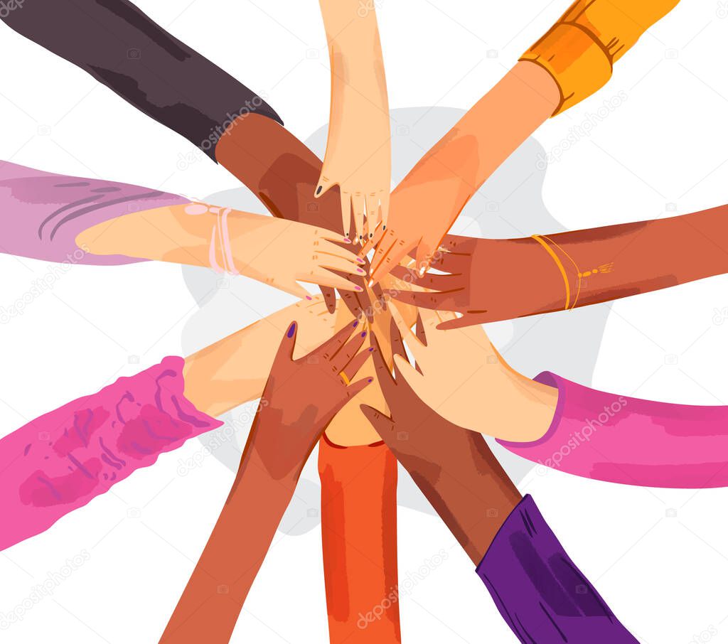 Top view of young people putting their hands together. Vector flat Illustration of Friends with stack of hands showing unity and teamwork. Sisterhood feminist concept