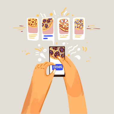 Pizza Çevrimiçi Vektör Çizgi Film Çizimi Siparişi. Pizzaları seçip online uygulama ve akıllı telefondan sipariş etmek. İtalyan yemek ve restoran servisi