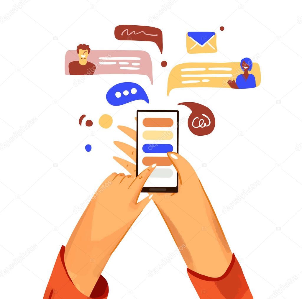 Hand with phone vector cartoon illustration. Smartphone with messenger, online chat, like and social engagement, isolated on white background