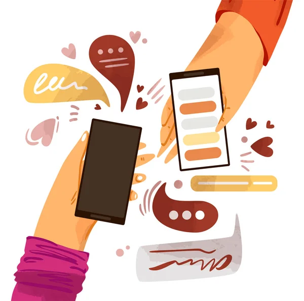 Hand met telefoon vector cartoon illustratie. Smartphone met boodschapper, online chat, graag en sociaal engagement, geïsoleerd op witte achtergrond — Stockvector