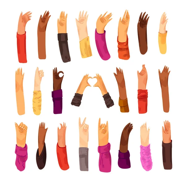 Mänsklig hand med samling av tecken och handgester - ok, kärlek, hälsningar, fred, viftande händer. Man och kvinna av olika nationalitet, multiracial händer som — Stock vektor