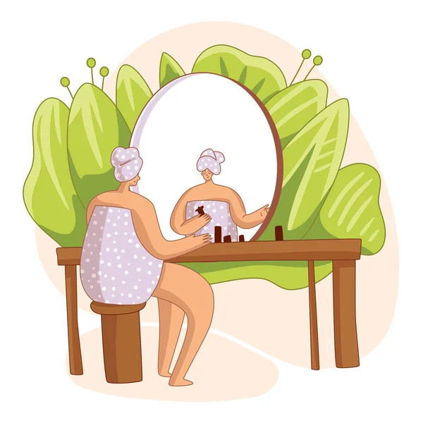 Menina, sentada na frente do espelho, fazendo rotina diária da manhã, limpando ou hidratando a pele. Cuidados pessoais, rotina diária de cuidados com a pele, procedimento higiênico. Desenho plano ilustração vetorial —  Vetores de Stock