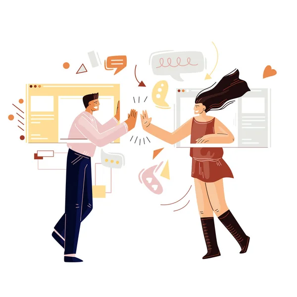 Чоловік і жінка спілкуються онлайн, маючи віддалений відеодзвінок з інтерфейсом Інтернету, онлайн-месенджер. Друзі спілкуються онлайн — стоковий вектор