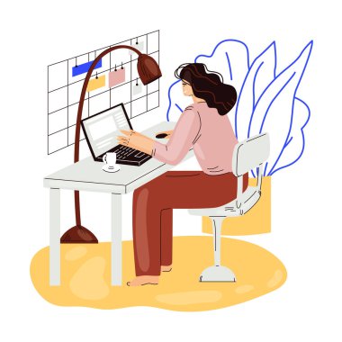 Serbest çalışan bir kadın rahat bir ofis vektörü çizimi üzerinde çalışıyor. Evden rahat bir tempoda çalışan serbest çalışan kız karakter, serbest meslek kavramı.