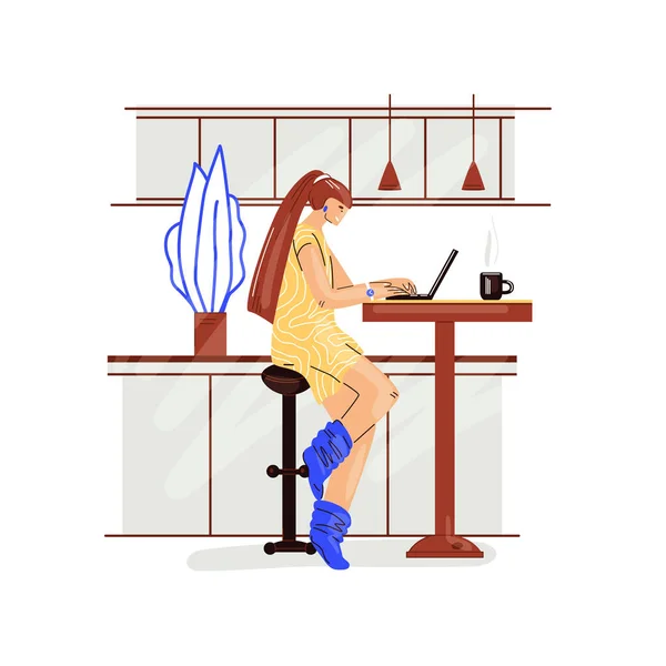 Freelance woman work in comfortable cozy home office in kitchen vector flat illustration. Freelancer girl character working from home at relaxed pace, self employed concept — Stock Vector