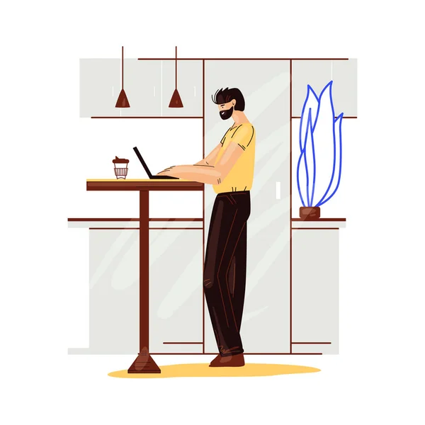 Freelance man work in comfortable cozy home office in kitchen vector flat illustration. Freelancer man character working from home at relaxed pace, self employed concept — Stock Vector