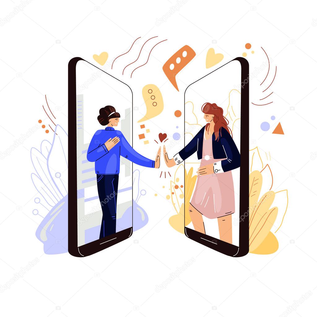 Online friends support vector flat concept. Two woman characters holding hands, sharing sympathy, support and love to each other with remote virtual video conference, phone call.