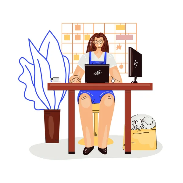 Freelance woman work in comfortable cozy home office vector flat illustration. Freelancer girl character working from home at relaxed pace, self employed concept — Stock Vector