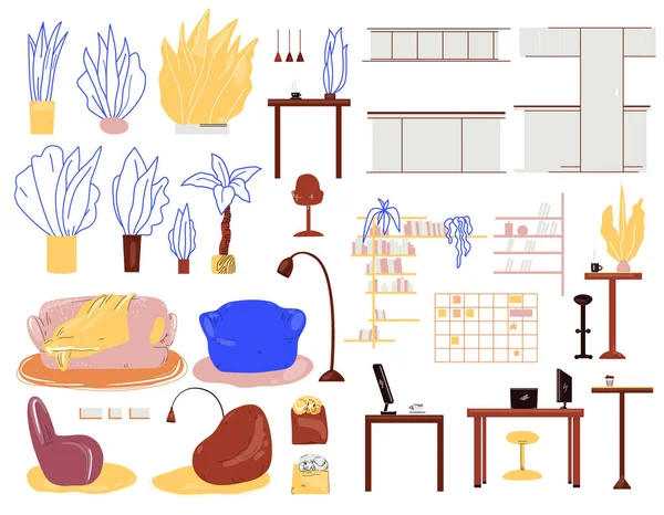 Conjunto interior de dibujos animados vectoriales con muebles, plantas caseras, lámparas, mesas para el trabajo y la cocina, accesorios de oficina en casa. Salón, cocina y hogar interior de oficina con objetos aislados . — Vector de stock