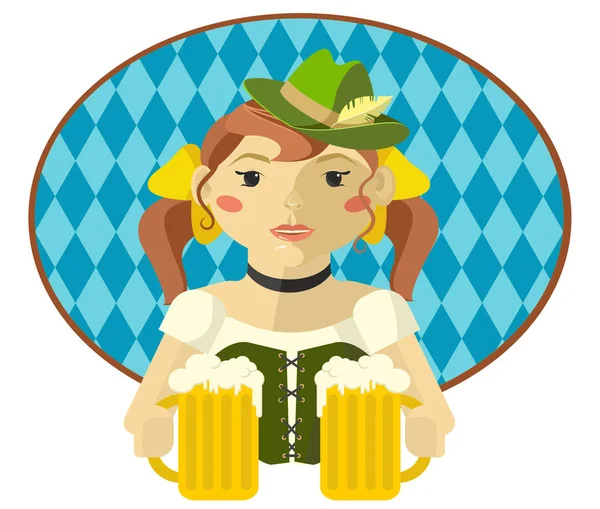 Oktoberfest young woman in green hat with mugs of beer — Stock Vector