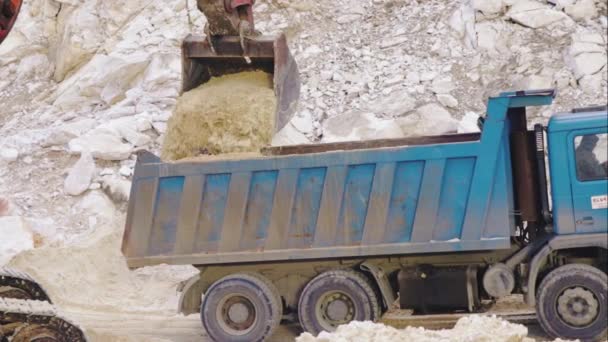 Excavator Loading Truck Sand Slow Motion Construction Material — Stock Video