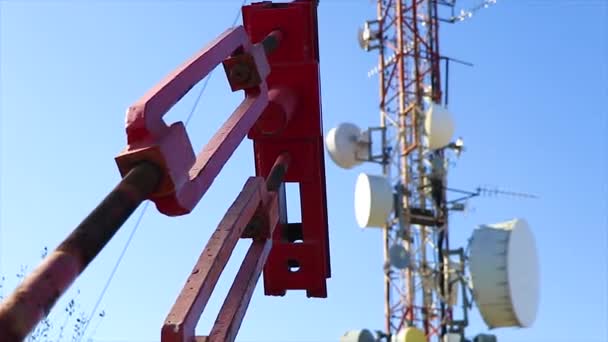 Big Antenna Satellite Dishes Stabilized Steel Cords Ground — Stockvideo