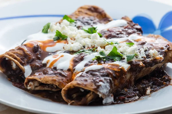 Vejetaryen Meksika yemeği, enfrijolada. Mısır tortillasına sarılı ve krema, peynir, baharatlı sos ve kişniş sosuyla kaplı baharatlı siyah fasulye sosuyla yıkanmış bir çeşit enchilada tabağı.