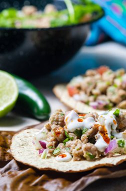 Kızarmış tortilla üzerine vejetaryen vejetaryen ceviche. Limon suyu, jalapeno, soğan ve kişniş ile dokulu sebze proteininden Meksika ceviche 'si. Sağlıklı vejetaryen mutfağı.