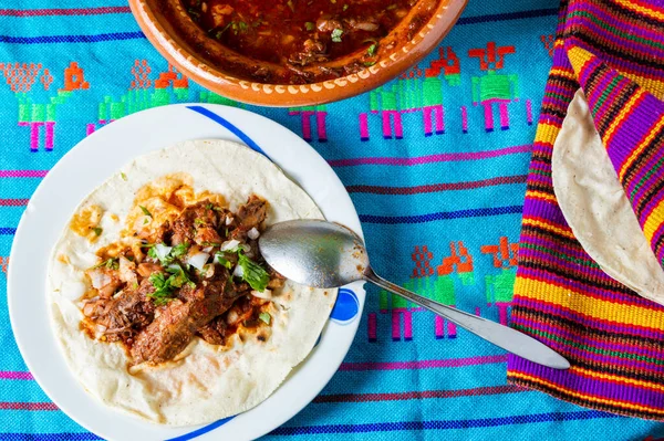 Traditional beef birria stew, Mexican breakfast food — Stock Photo, Image
