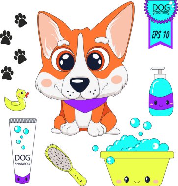 Sevimli çizgi film köpekleri klipsi. Galli Corgi. El çizimi. Tımarlama. Köpek bakımı. Vektör illüstrasyonu