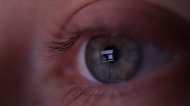 Bir kadın gözünün yakın çekimi. Kadın internette sörf yapıyor, monitör göz bebeğine yansıyor..