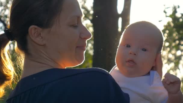 Madre Besa Bebé Recién Nacido Fondo Del Sol — Vídeos de Stock