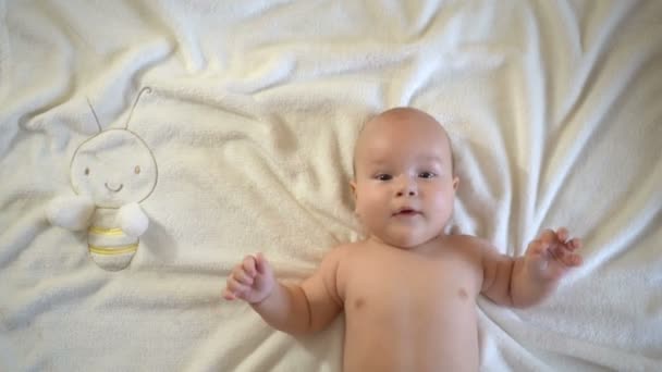 Bebê Bonito Deita Costas Olha Para Câmera — Vídeo de Stock