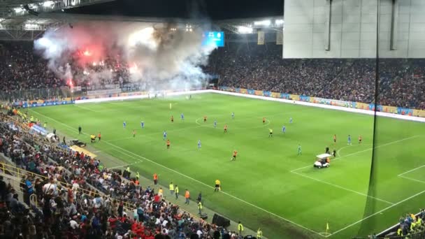 Soccer Game Fans Make Pyrotechnic Show Viewer Harness Fireworks Pyrotechnic — Stock Video