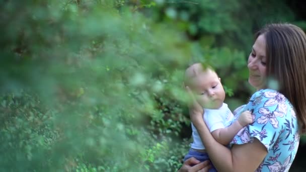 腕の中に男の子を持つブルネットの女性 母親は抱き合って赤ん坊にキスをする 背景と前景には緑の茂みがあります スローモーション — ストック動画