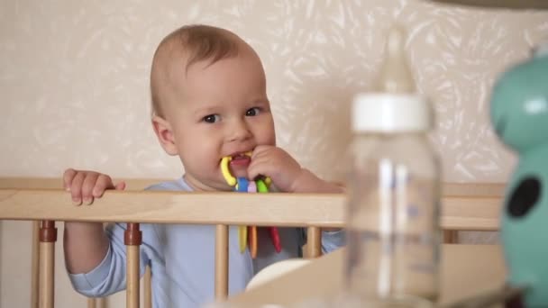 Speelgoedjongen Baby Staat Bed Knabbelt Negen Maanden Oude Baby Een — Stockvideo