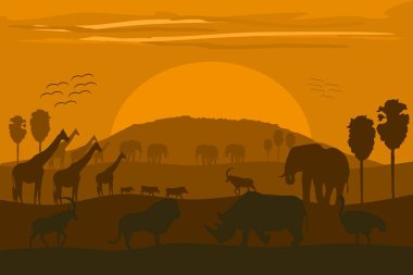 Vektör illüstrasyonu: Vahşi hayvanlar ve Kilimanjaro ile klasik Afrika manzarası.