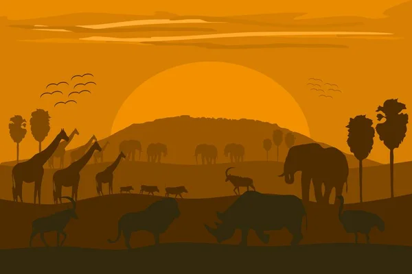 Ilustración Vectorial Paisaje Africano Clásico Con Animales Salvajes Kilimanjaro — Vector de stock
