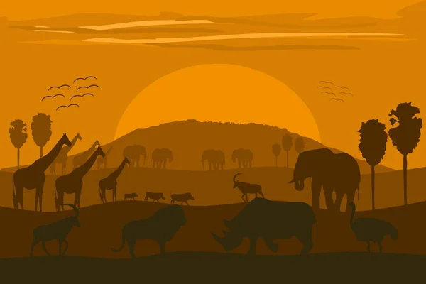 Vektör illüstrasyonu: Vahşi hayvanlar ve Kilimanjaro ile klasik Afrika manzarası.