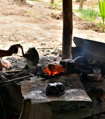 Closeup of a rudimentary bronze working process