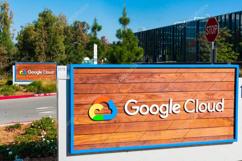 Google Cloud sign is displayed at the entrance to Google campus in Silicon Valley - Sunnyvale, California, USA - November, 2019
