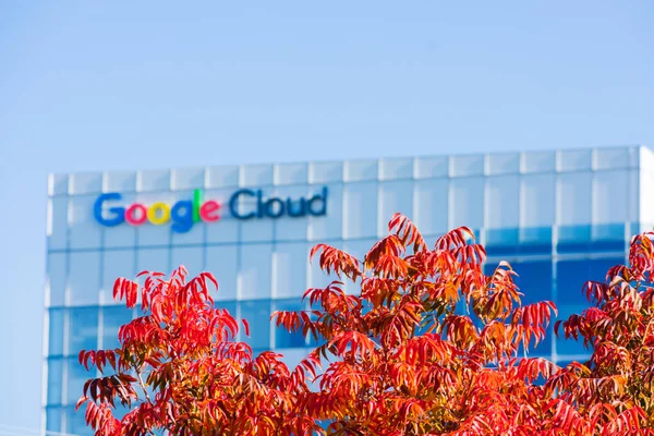 Desenfoque. Otoño brillante, follaje de otoño con borroso edificio de oficinas de Google Cloud — Foto de Stock