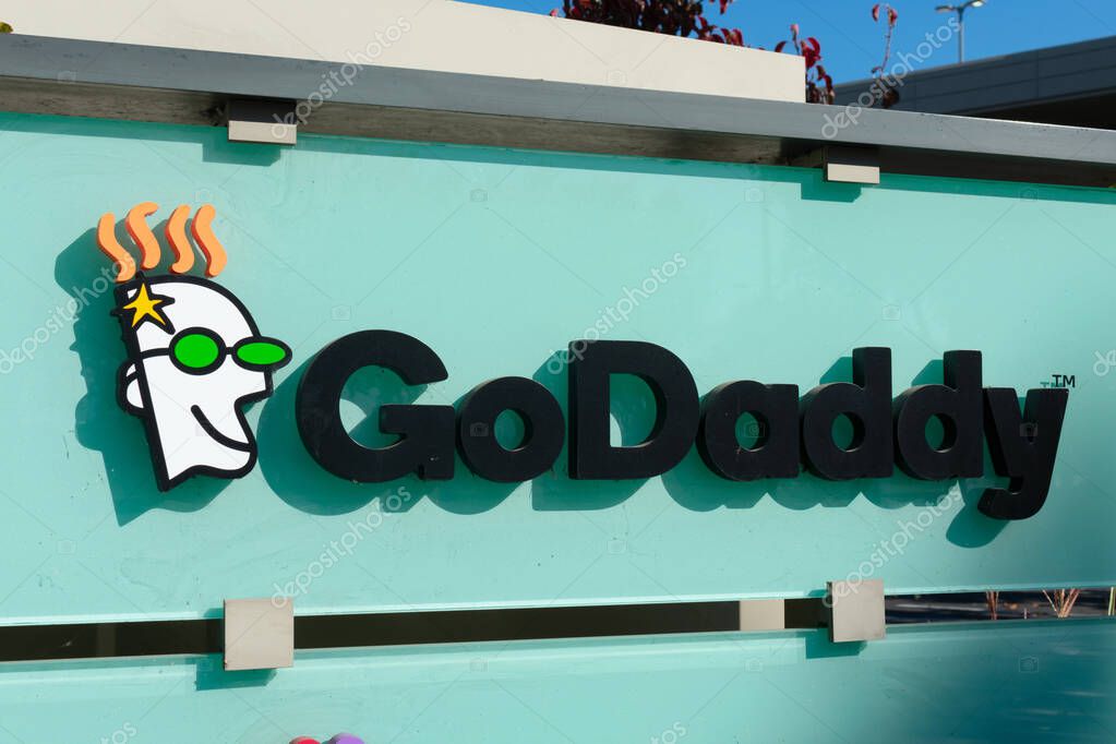 GoDaddy logo at Silicon Valley office of internet domain registrar and web hosting company - Sunnyvale, California, USA - 2019