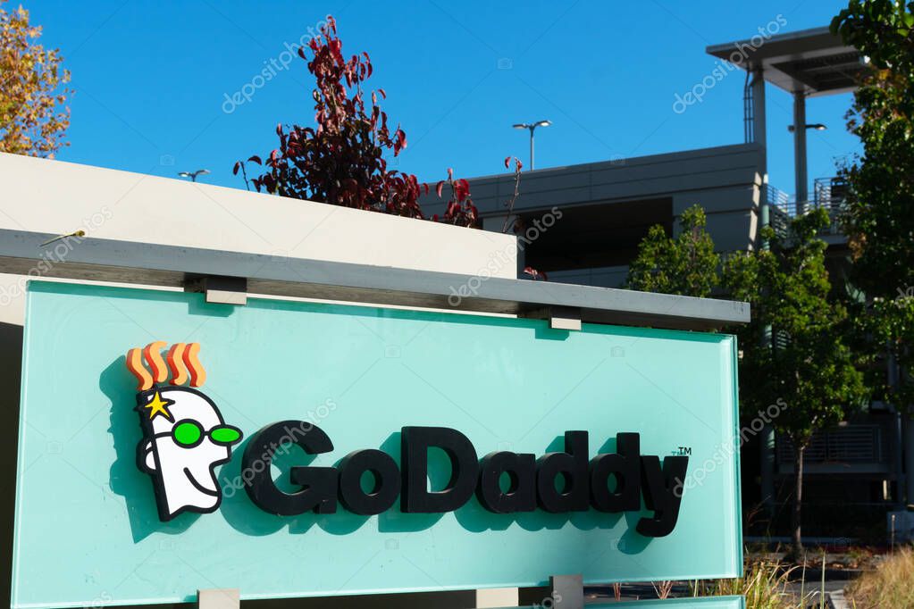 GoDaddy logo at Silicon Valley office of internet domain registrar and web hosting company - Sunnyvale, California, USA - 2019